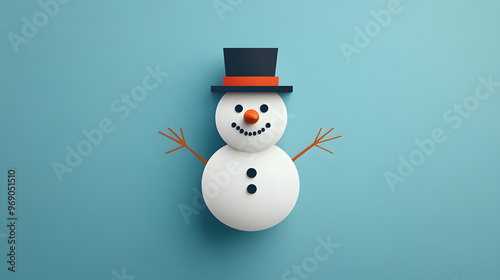 Minimalist Paper Snowman on Blue Background.