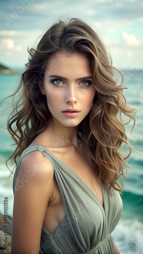 Woman with Wavy Hair by the Sea in Elegant Dress