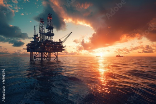 Central offshore oil and gas platform during sunset