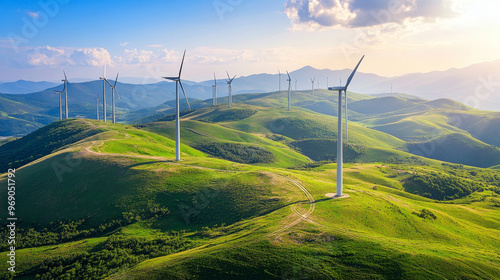 A field of wind turbines turning gracefully in the breeze, set against a backdrop of rolling green hills and a bright blue sky