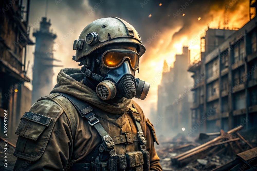 Metallic-plated helmet, gas mask with tinted goggles, and mechanical limbs, a futuristic soldier stands vigilant, breathing heavily, amidst toxic waste and city ruins.