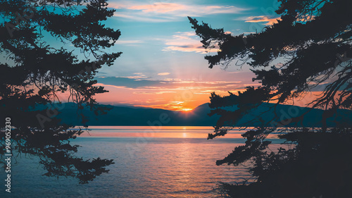 A photo of a peaceful sunset scene over a calm lake or sea, framed by the silhouettes of dark trees. The sun has just set behind distantmountains, casting soft orange and blue hues across the sky. The