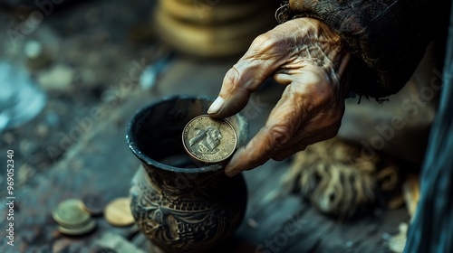 An old woman's hand holds an ancient coin, which she places in the bottom of her bronze cup filled with water. Cinematic photography. photo