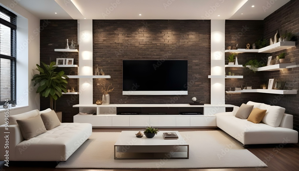 Photo modern style interior room 3d illustration Interior frame living room with colorful white sofa,led with blank frame Photo modern style interior room 3d illustration Interior frame living room with colorful white sofa,led with blank frame
