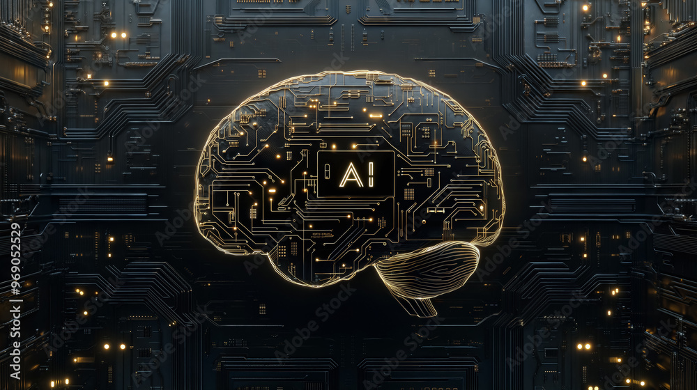 Artificial intelligence brain circuit on black and gold motherboard. Futuristic AI technology concept background with copy space