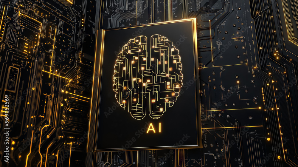 Artificial intelligence brain circuit on black and gold motherboard. Futuristic AI technology concept background with copy space
