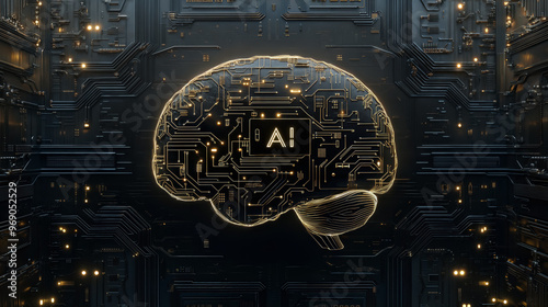 Obraz na płótnie Artificial intelligence brain circuit on black and gold motherboard. Futuristic AI technology concept background with copy space w salonie