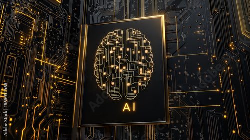 Obraz na płótnie Artificial intelligence brain circuit on black and gold motherboard. Futuristic AI technology concept background with copy space w salonie