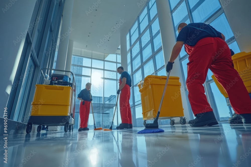 Obraz premium A team of janitors in uniforms working together
