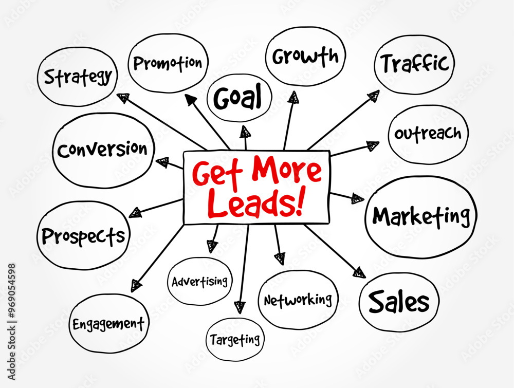 Get More Leads! - the process or strategy of increasing the number of potential customers or clients for a business, mind map text concept background Get More Leads! - the process or strategy of increasing the number of potential customers or clients for a business, mind map text concept background