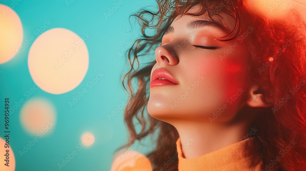 Captivating Portrait of a Young Woman Against a Vibrant, Dreamy Background of Soft Lights Captivating Portrait of a Young Woman Against a Vibrant, Dreamy Background of Soft Lights