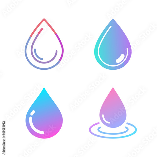 Water drop logo and icon set featuring water drop symbols. Clean vector illustrations on a white background, ideal for branding and environmental themes photo