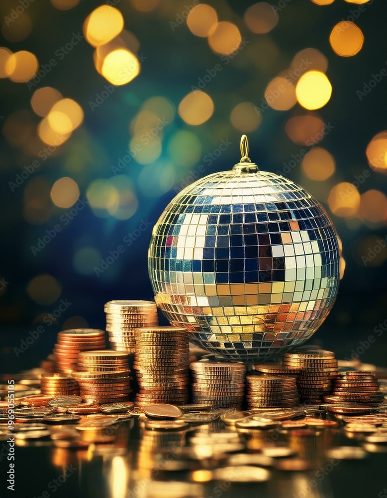 Obraz premium Disco ball, Financial theme depicting a disco ball resting on a pile of coins. This image represents concepts of money and wealth in global finance,disco ball 