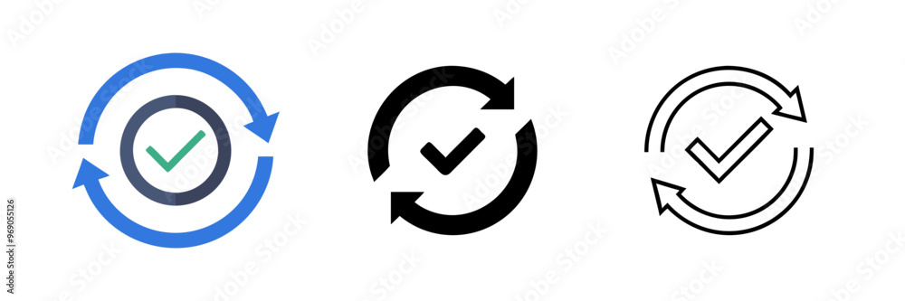 Checking process linear icon set with check marks and circle arrows. Vector illustrations on a white background, ideal for indicating successful completion and verification. Checking process linear icon set with check marks and circle arrows. Vector illustrations on a white background, ideal for indicating successful completion and verification.