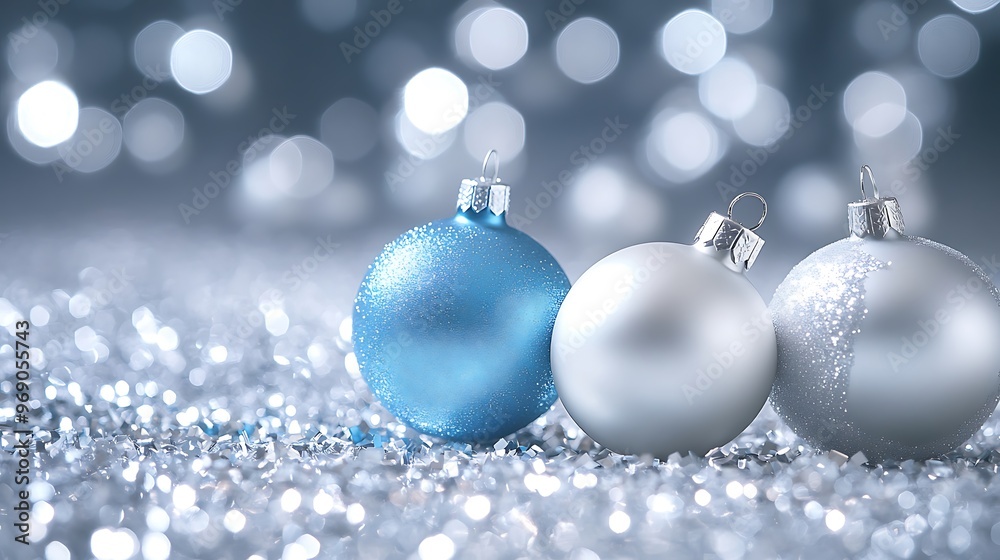 Shimmering Silver Christmas Background with Blue and White Ornaments, Featuring Space for Custom Holiday Messages or Invitations Shimmering Silver Christmas Background with Blue and White Ornaments, Featuring Space for Custom Holiday Messages or Invitations