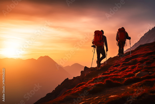 The man in hiking gear climbing a mountain trail, helping his companion