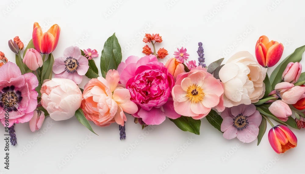 A vibrant floral collage combining roses, peonies, and tulips in a symmetrical arrangement