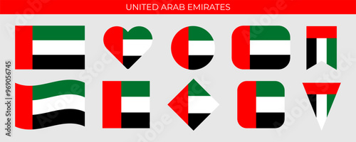 United Arab Emirates national flag. UAE flag template in different shapes. Vector illustration