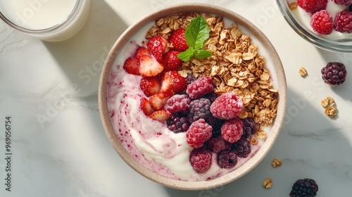 Healthy yogurt breakfast bowl with fresh berries, granola, and cereal, accompanied by a glass of milk, overhead shot, generative AI