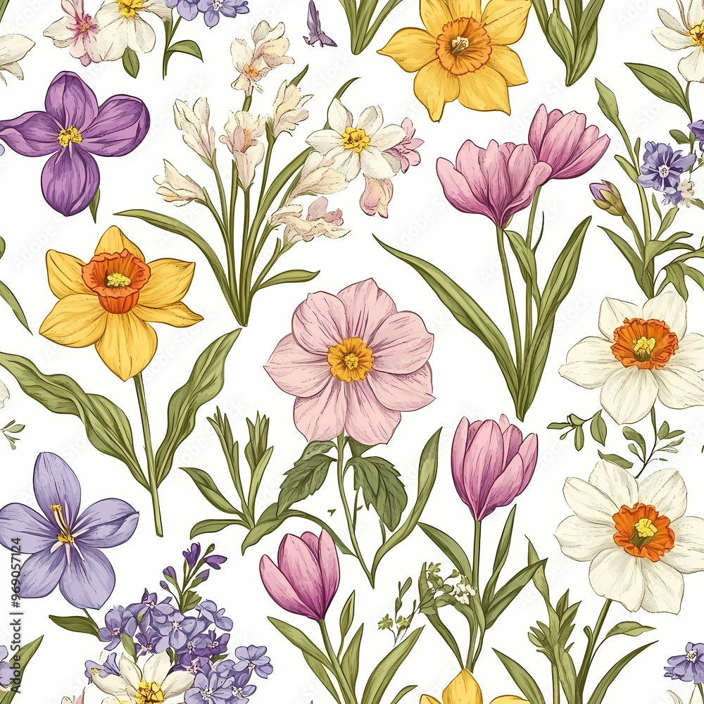  pattern with flowers tulips, daffodils, lilac