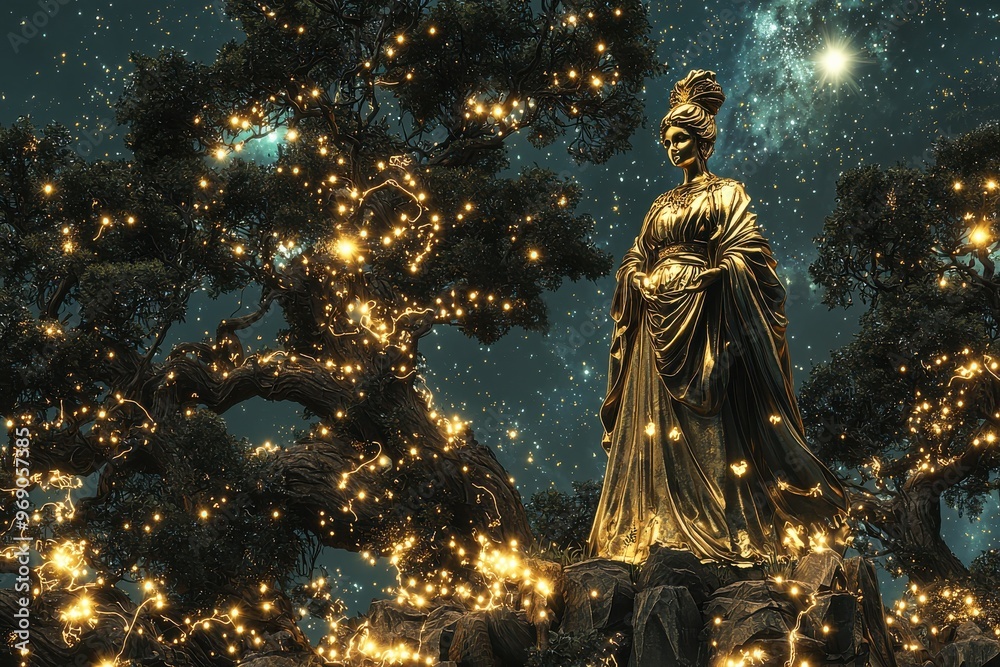 Glowing golden statue of a figure in ornate robes amidst sparkling lights and shimmering atmosphere Glowing golden statue of a figure in ornate robes amidst sparkling lights and shimmering atmosphere