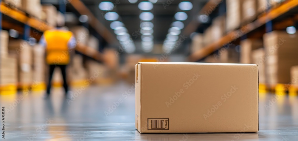 Quality control stamp on a package in a busy distribution center, certification, final inspection Quality control stamp on a package in a busy distribution center, certification, final inspection