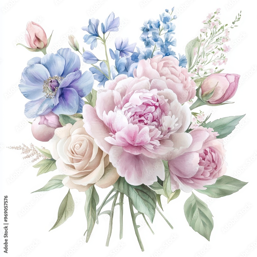 A beautiful bouquet of pastel flowers, showcasing peonies, roses, and blue blossoms. A beautiful bouquet of pastel flowers, showcasing peonies, roses, and blue blossoms.