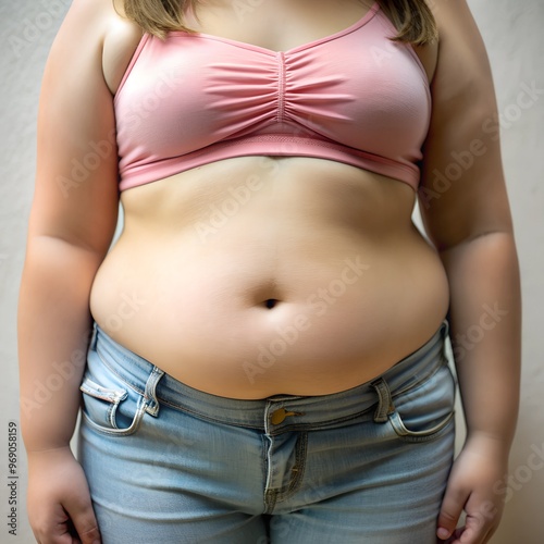 Overweight Woman in Casual Clothing Showing Belly