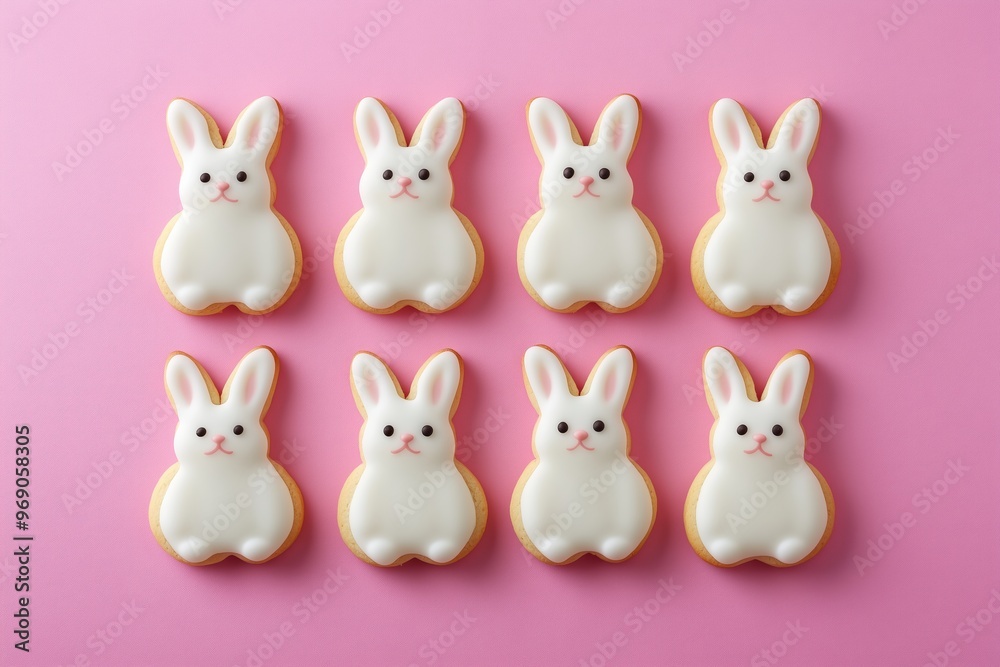 Cute bunny-shaped cookies with icing, arranged on a pink background, perfect for Easter themes Cute bunny-shaped cookies with icing, arranged on a pink background, perfect for Easter themes