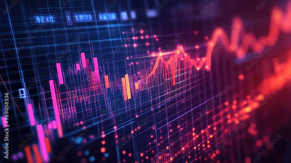 Vibrant data graph showing business profits, with glowing transparent lines and waves, set on a dark background for a sleek design Vibrant data graph showing business profits, with glowing transparent lines and waves, set on a dark background for a sleek design