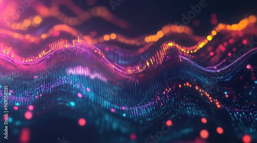 Vibrant data trends graph with glowing transparent lines and waves, creating a dynamic business profit visual on a dark background