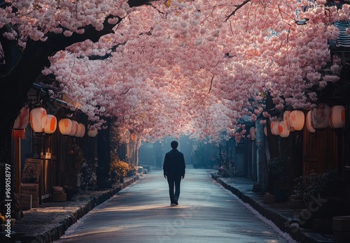 Solitary Walk Through Cherry Blossom Tunnel