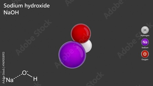 3d model of molecule sodium hydroxide NaOH. It is a manufactured substance, used to manufacture soaps, rayon, paper, explosives, dyestuffs, and petroleum products. 3d rendering, seamless loop photo