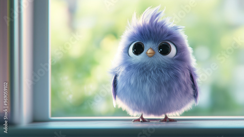 Chirpy Round Bird with a Tiny Beak and Big Eyes: Cartoon Style photo