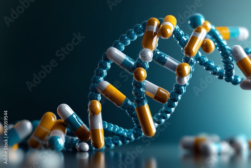A creative image of pills forming a DNA helix, representing the impact of genetics on personalized medicine and drug development