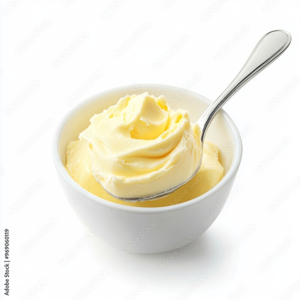 Butter curled on spoon, placed in white bowl, isolated on white background. Butter curled on spoon, placed in white bowl, isolated on white background.
