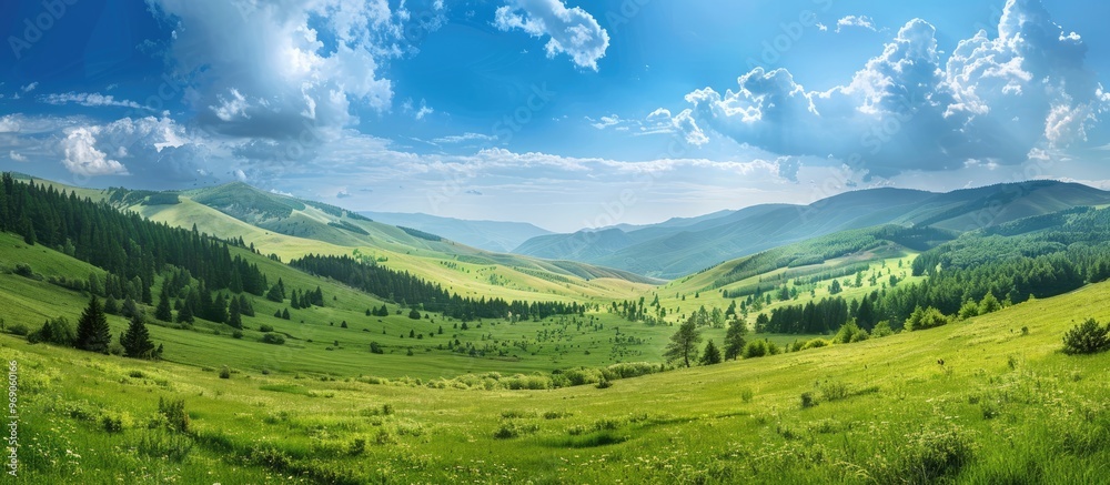 Fototapeta premium green valley with hills green trees and grass under a clear sky on the horizon. with copy space image. Place for adding text or design