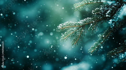 winter landscape with snow covered fir branches on a blurred background