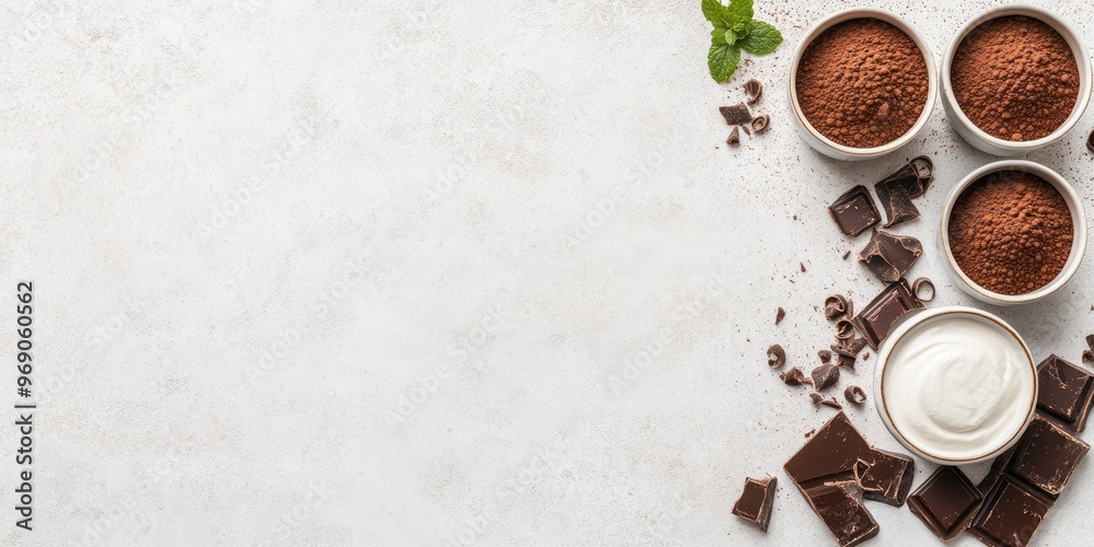 Cups of creamy white mousse topped with chocolate shavings and mint leaves, surrounded by chocolate chunks on a light background. Dessert concept. Cups of creamy white mousse topped with chocolate shavings and mint leaves, surrounded by chocolate chunks on a light background. Dessert concept.