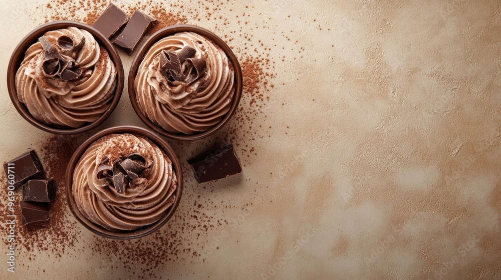 Bowls of rich chocolate mousse topped with chocolate curls, surrounded by chocolate pieces and cocoa powder on a neutral background. Decadent dessert concept. Bowls of rich chocolate mousse topped with chocolate curls, surrounded by chocolate pieces and cocoa powder on a neutral background. Decadent dessert concept.