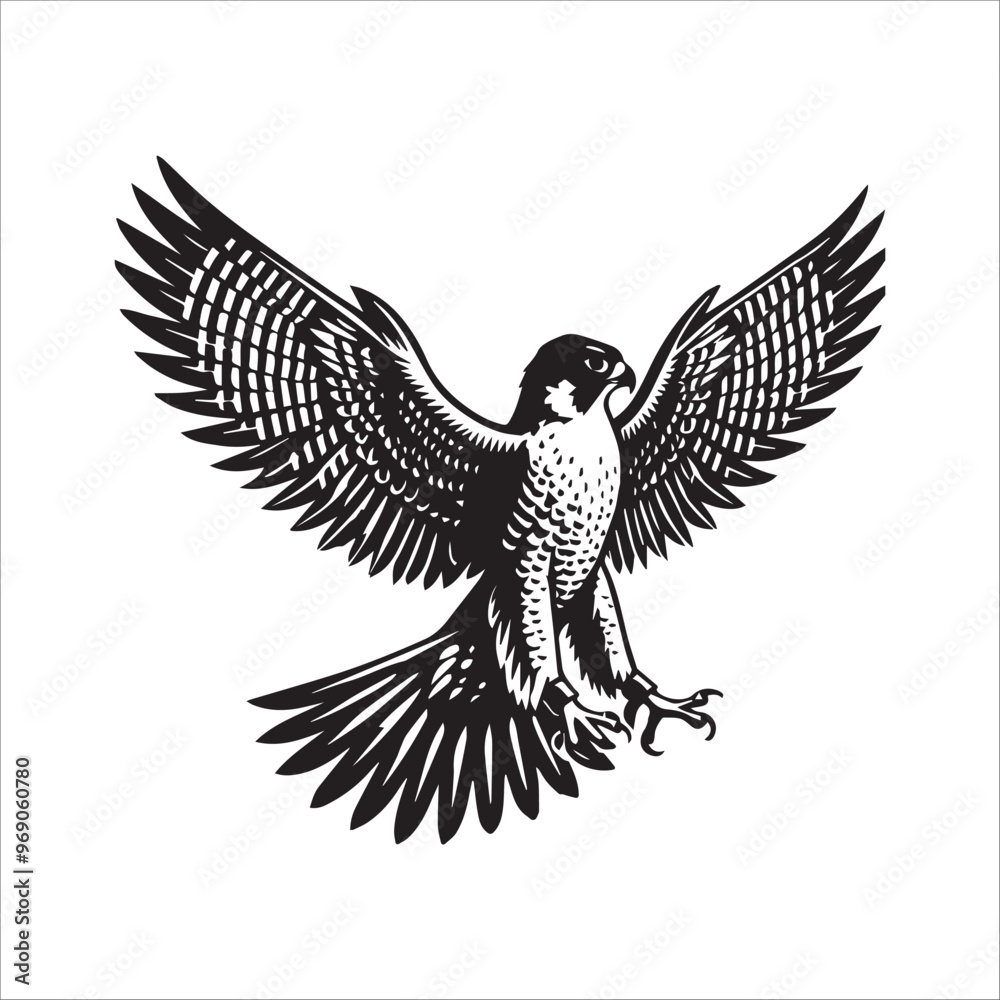 Obraz premium Peregrine Falcon Silhouette Design, Peregrine Clipart Graphic, Peregrine Bird vector illustration in black and white