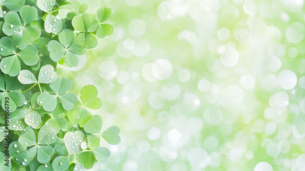 Close-up of a fresh green clover leaf with water droplets on a vibrant, dewy background. Symbol of luck and nature. Close-up of a fresh green clover leaf with water droplets on a vibrant, dewy background. Symbol of luck and nature.