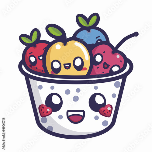 A joyful bowl of cartoon fruits, smiling happily with vibrant colors