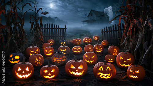 Haunted Pumpkin Patch with Ghosts and Creepy Farmhouse photo