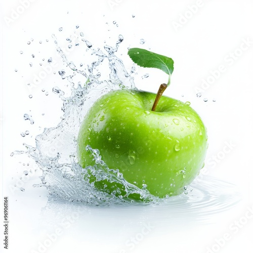 Fresh green apple and splash of water isolated on white background