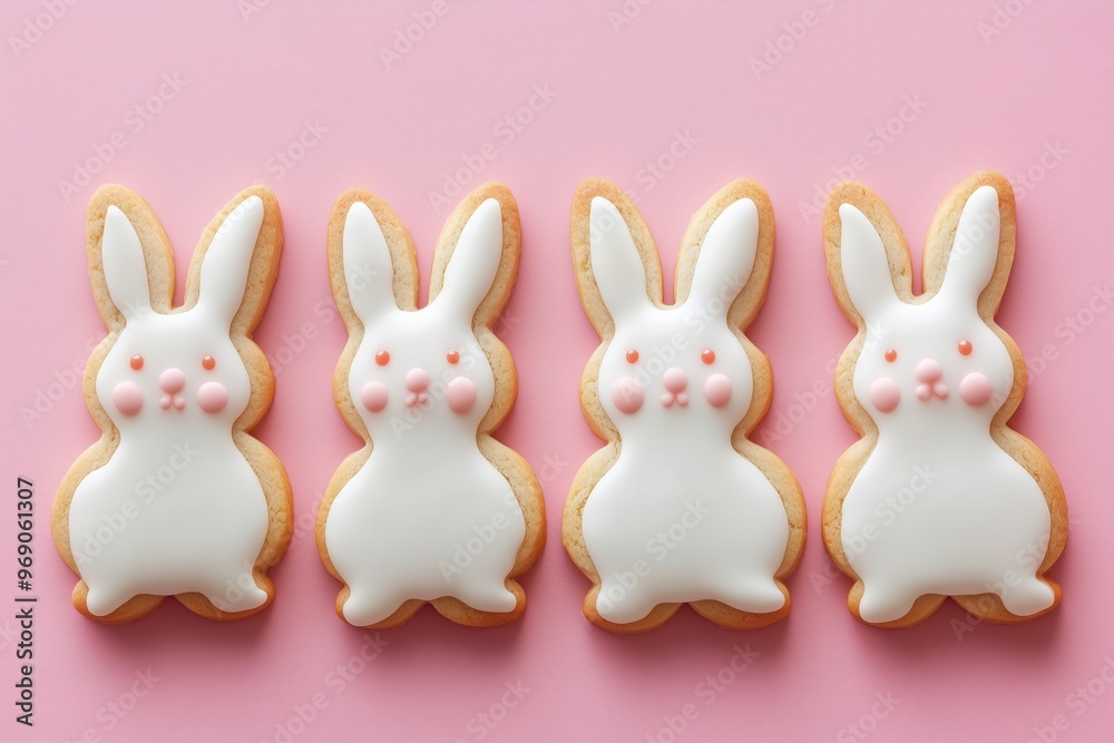 Obraz premium Cute bunny-shaped cookies with icing, arranged on a pink background, perfect for Easter themes