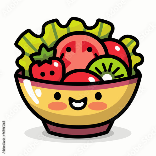 A cheerful salad bowl with tomato, lettuce, kiwi, and strawberry, all smiling happily