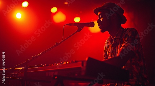 A musician performing on stage, playing a keyboard with a microphone. The scene is illuminated by vibrant red and orange lights, creating a dramatic atmosphere.