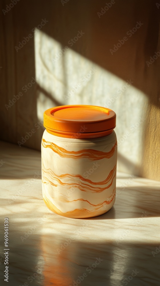 Ceramic jar with orange swirls in sunlight, artful home decor Ceramic jar with orange swirls in sunlight, artful home decor
