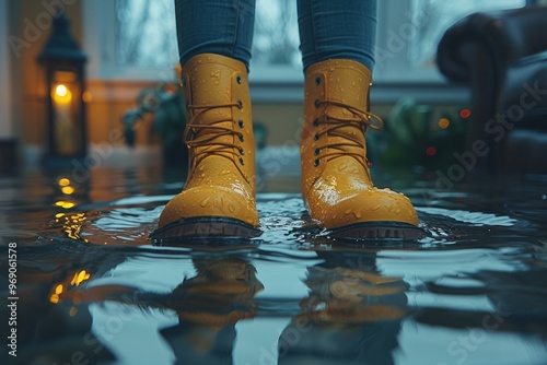 Person wearing yellow rain boots stands in a flooded living room during a heavy rainstorm in the evening, with reflections on the water's surface